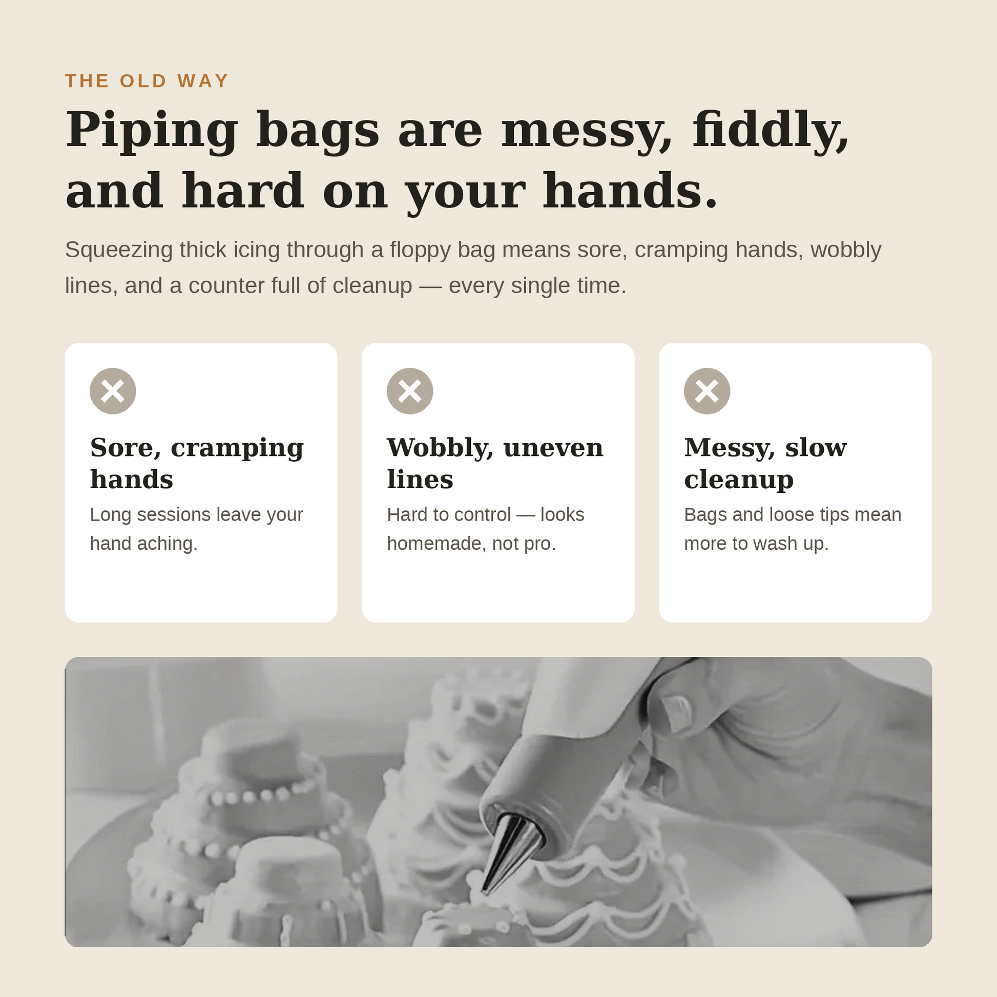 Common piping bag problems like hand cramping, messy icing, and uneven lines that FrostFlow Pro solves