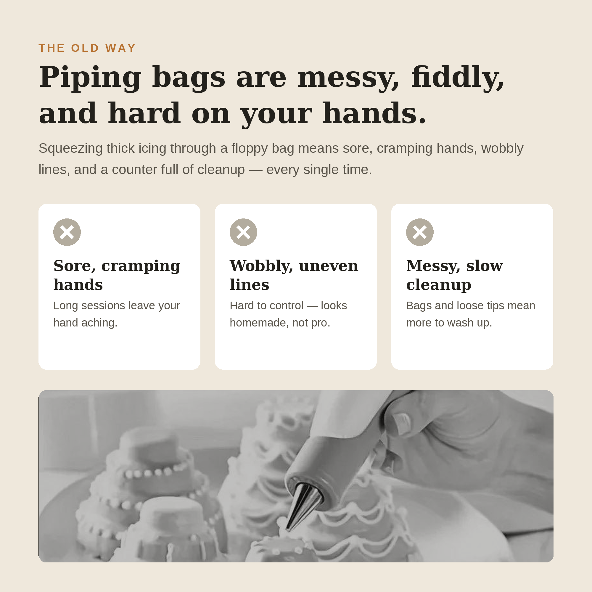 Common piping bag problems like hand cramping, messy icing, and uneven lines that FrostFlow Pro solves