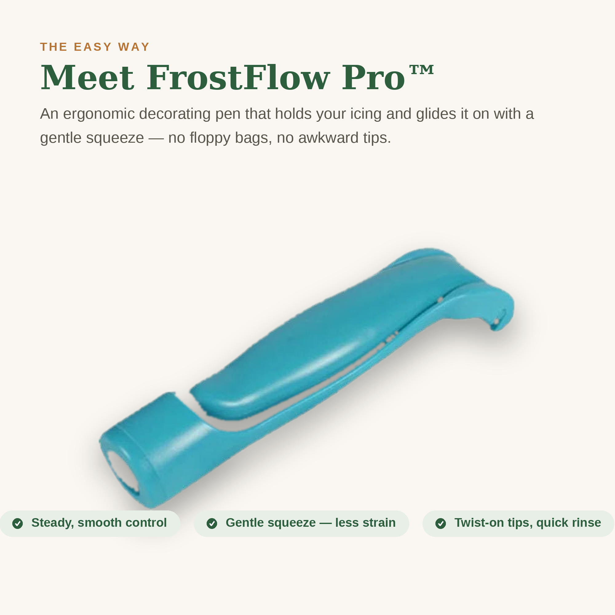 Meet FrostFlow Pro the ergonomic cake decorating pen designed for comfortable icing without hand fatigue