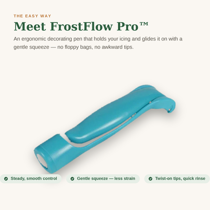 Meet FrostFlow Pro the ergonomic cake decorating pen designed for comfortable icing without hand fatigue