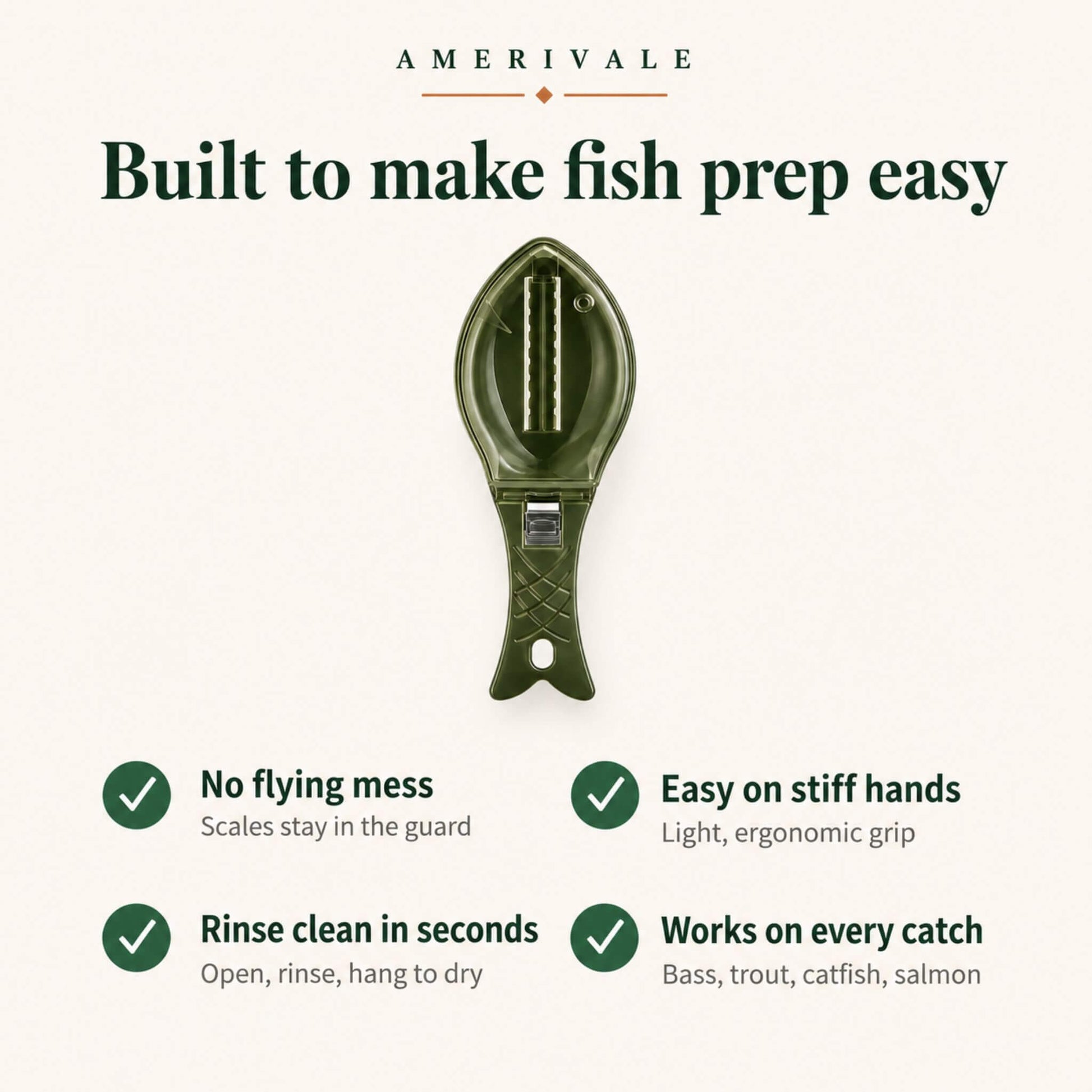 ScaleSwift Pro benefits — no scales on your counter, shirt, floor, or wall; comfortable grip for bigger hands; works on bass, trout, catfish, salmon, tilapia