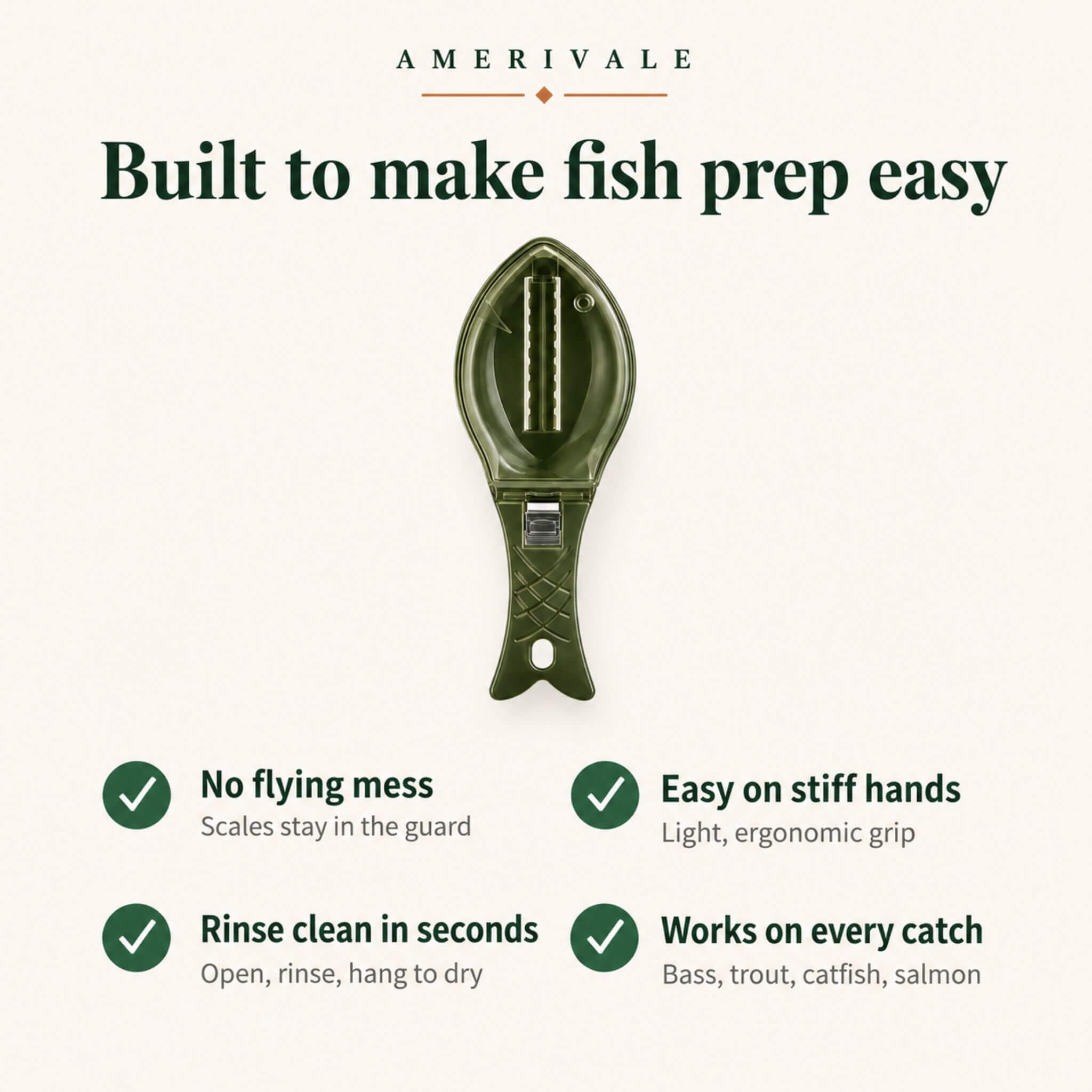 ScaleSwift Pro benefits — no scales on your counter, shirt, floor, or wall; comfortable grip for bigger hands; works on bass, trout, catfish, salmon, tilapia