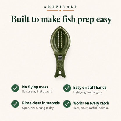 ScaleSwift Pro benefits — no scales on your counter, shirt, floor, or wall; comfortable grip for bigger hands; works on bass, trout, catfish, salmon, tilapia
