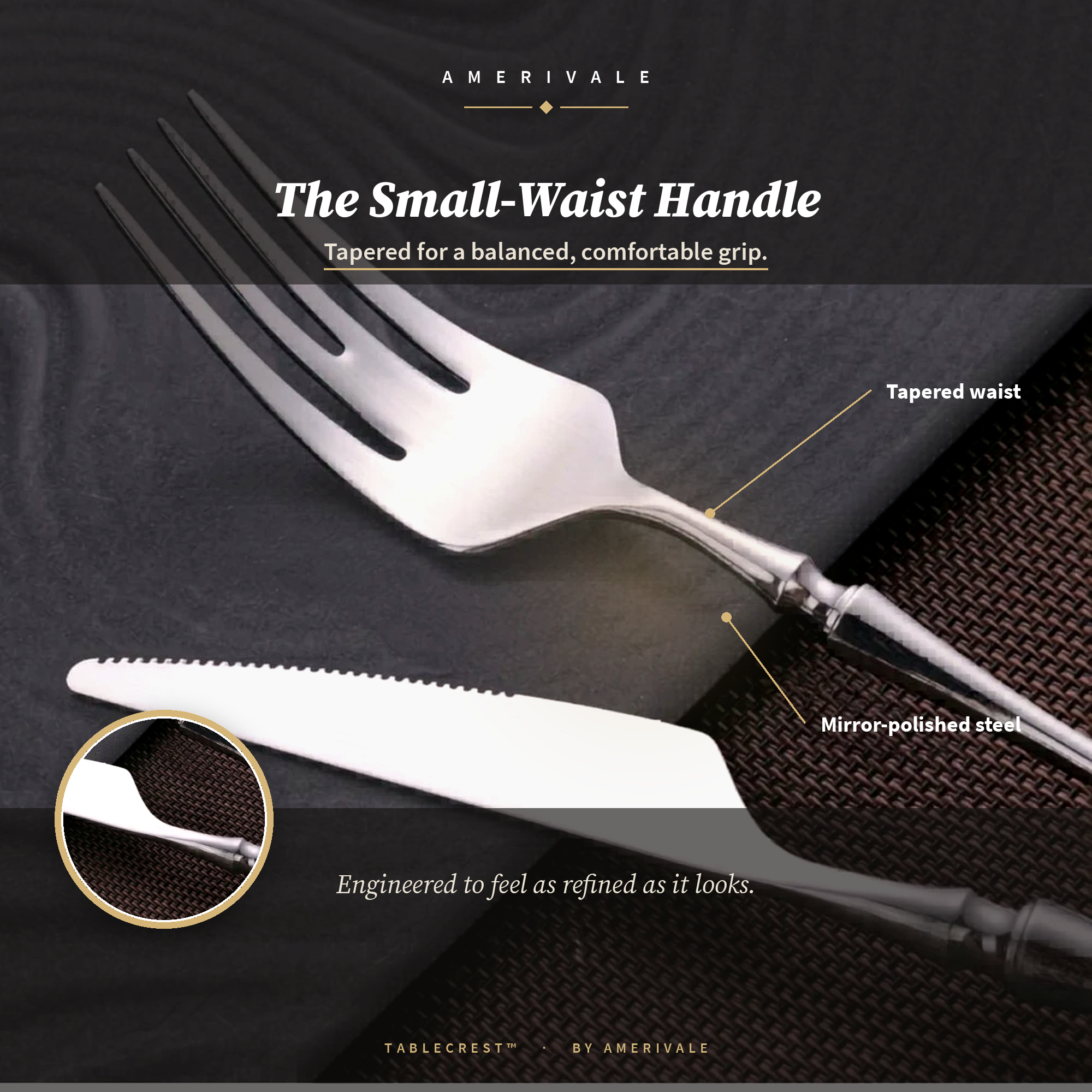 TableCrest 304 stainless steel flatware set with tapered small waist handle design