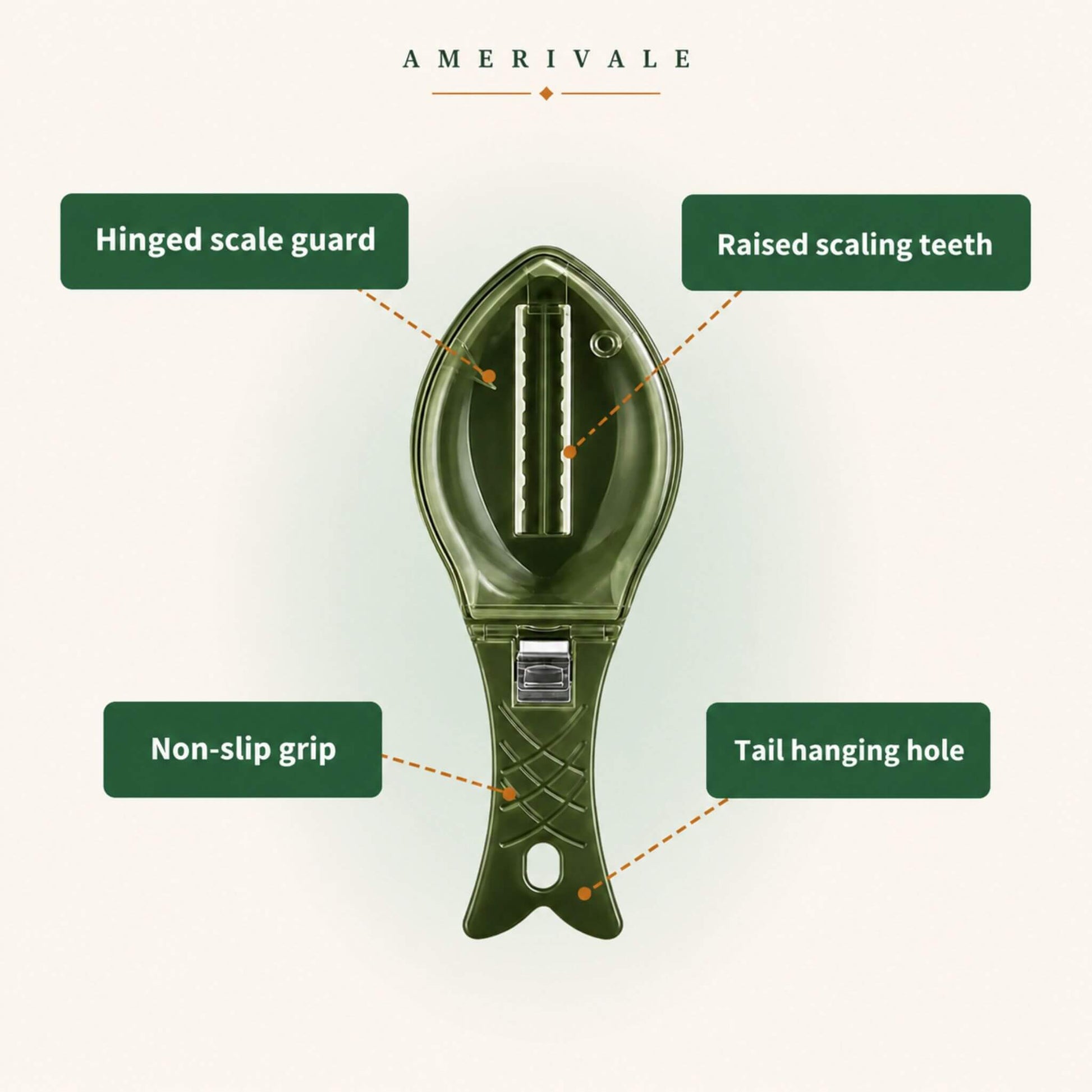 ScaleSwift Pro feature breakdown showing ScaleLock Guard, fast-scaling teeth, easy-grip handle, and rinse-and-hang design