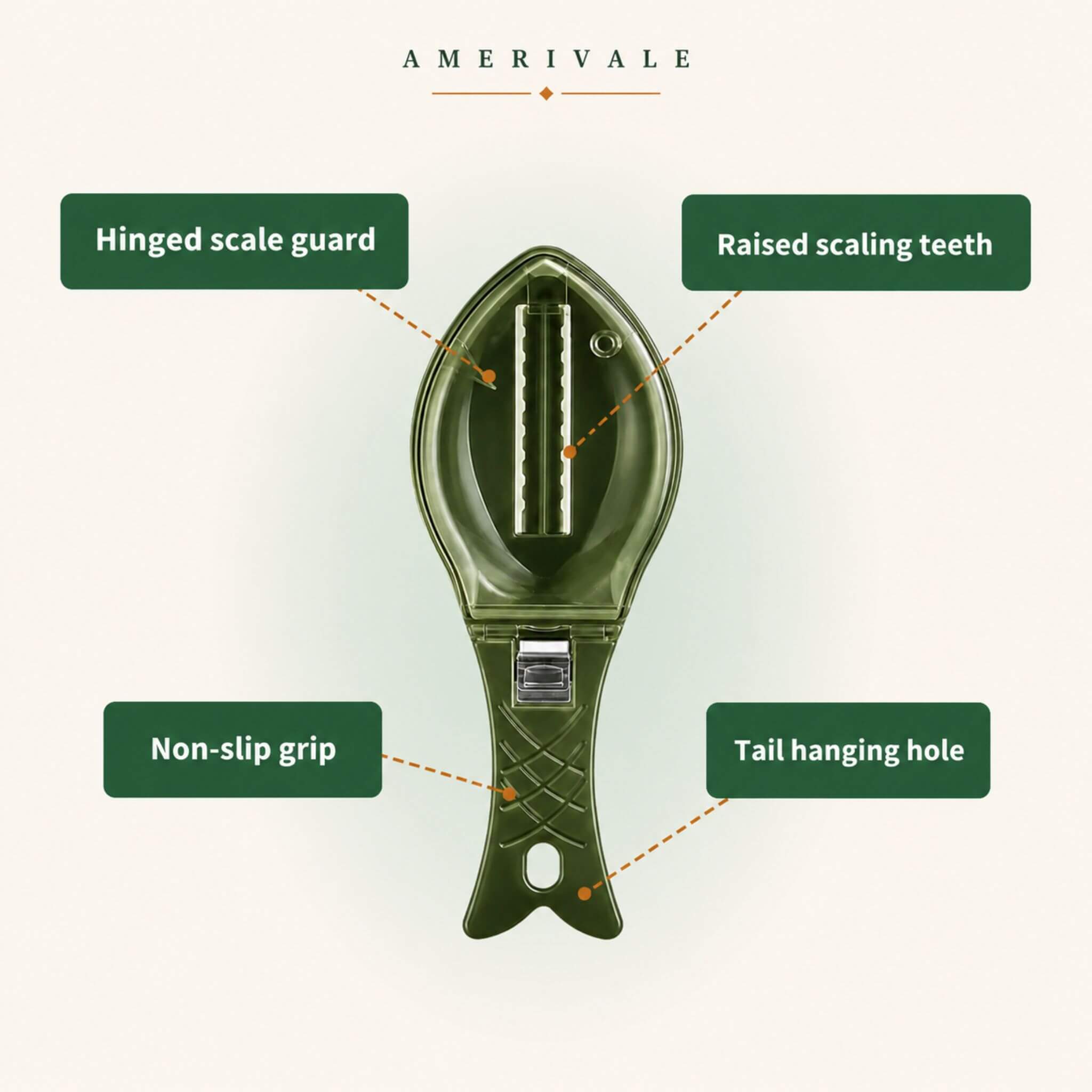 ScaleSwift Pro feature breakdown showing ScaleLock Guard, fast-scaling teeth, easy-grip handle, and rinse-and-hang design
