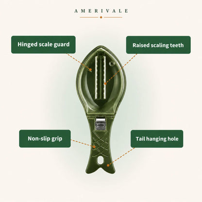 ScaleSwift Pro feature breakdown showing ScaleLock Guard, fast-scaling teeth, easy-grip handle, and rinse-and-hang design
