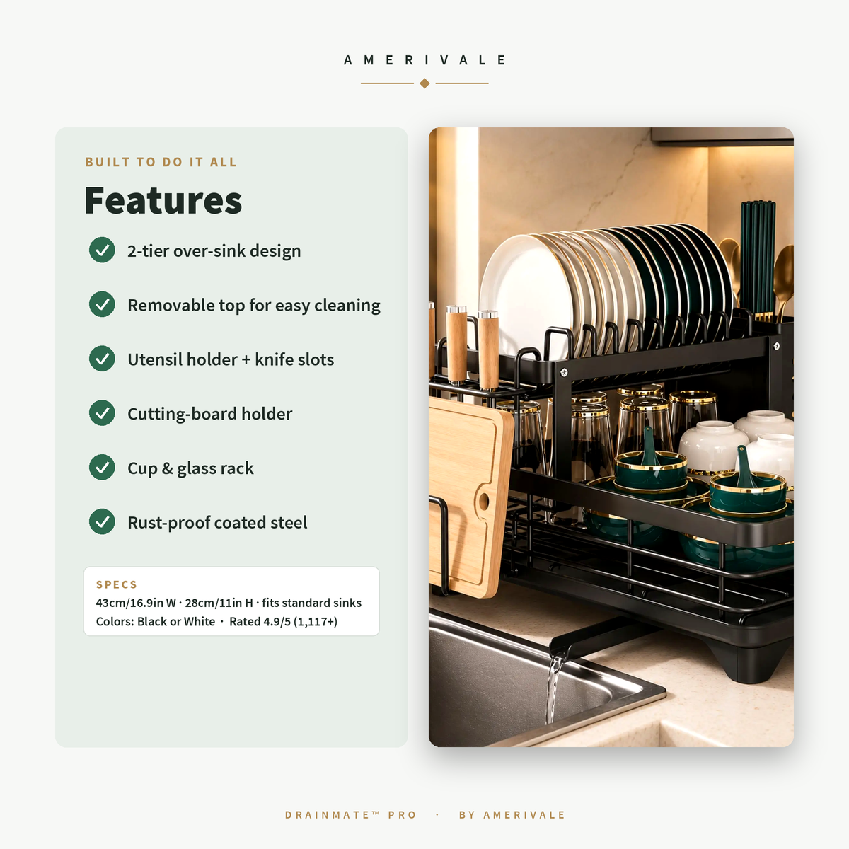 Amerivale DrainMate Pro over-sink dish rack sizing guide, dimensions and key features