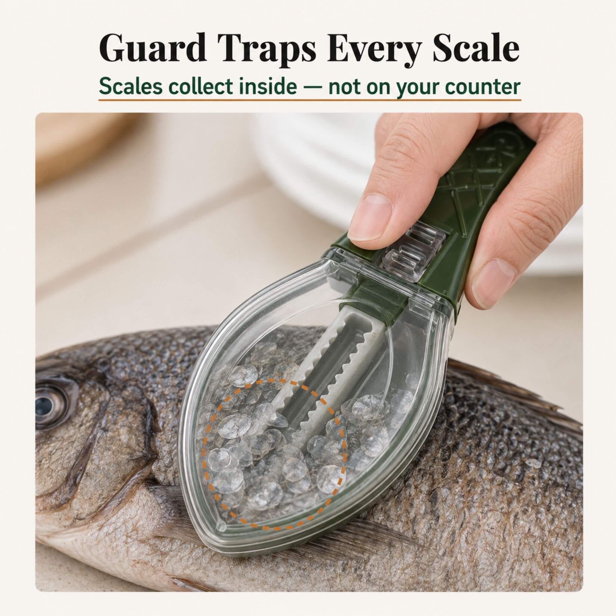 ScaleSwift Pro fish scaler in action — scraping scales from a whole fish with the built-in guard catching loose scales before they hit the counter
