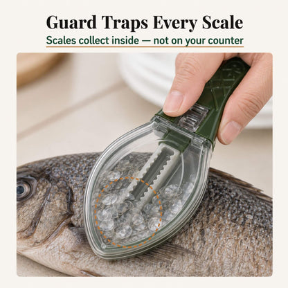 ScaleSwift Pro fish scaler in action — scraping scales from a whole fish with the built-in guard catching loose scales before they hit the counter