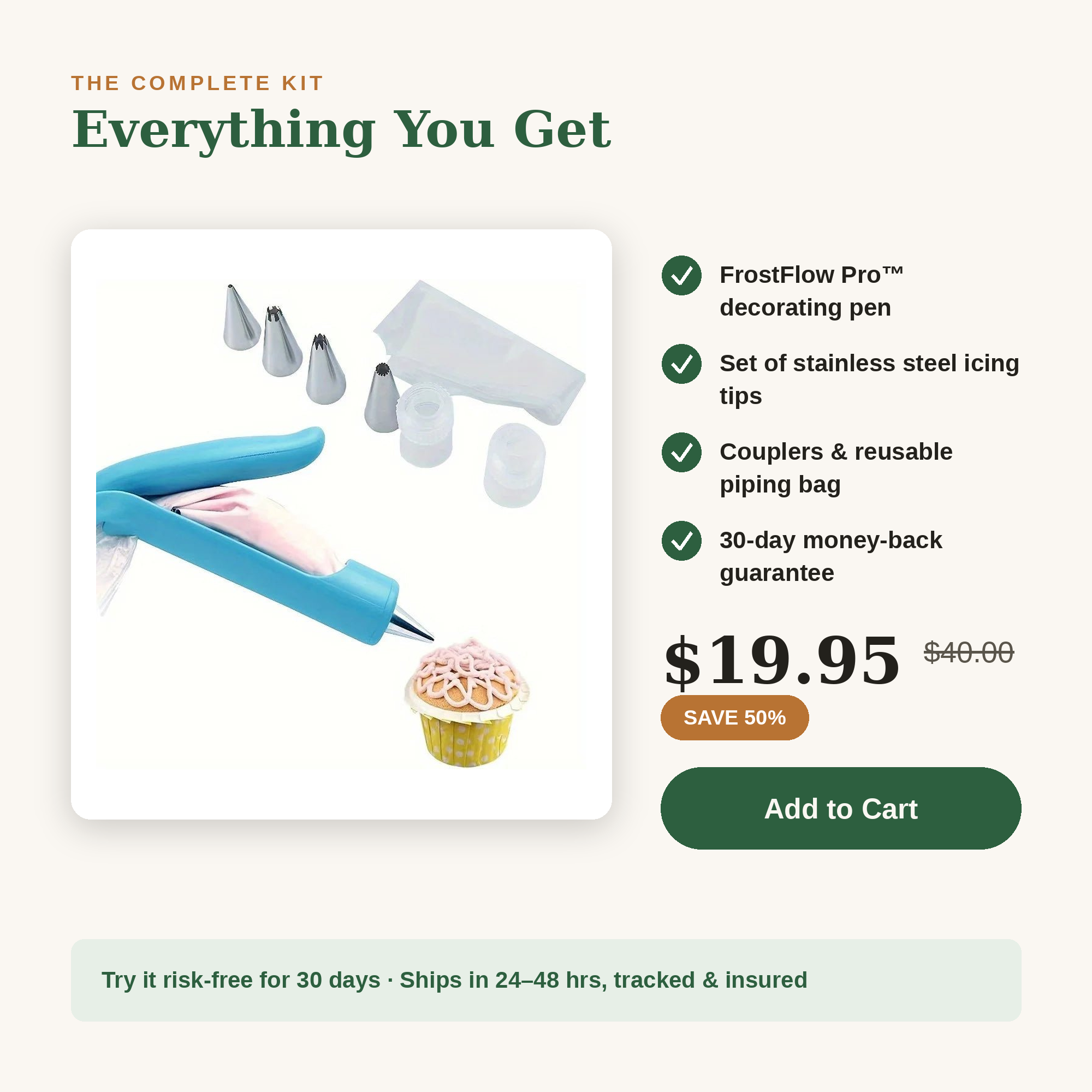 FrostFlow Pro cake decorating pen kit special offer with add to cart button and 30-day guarantee