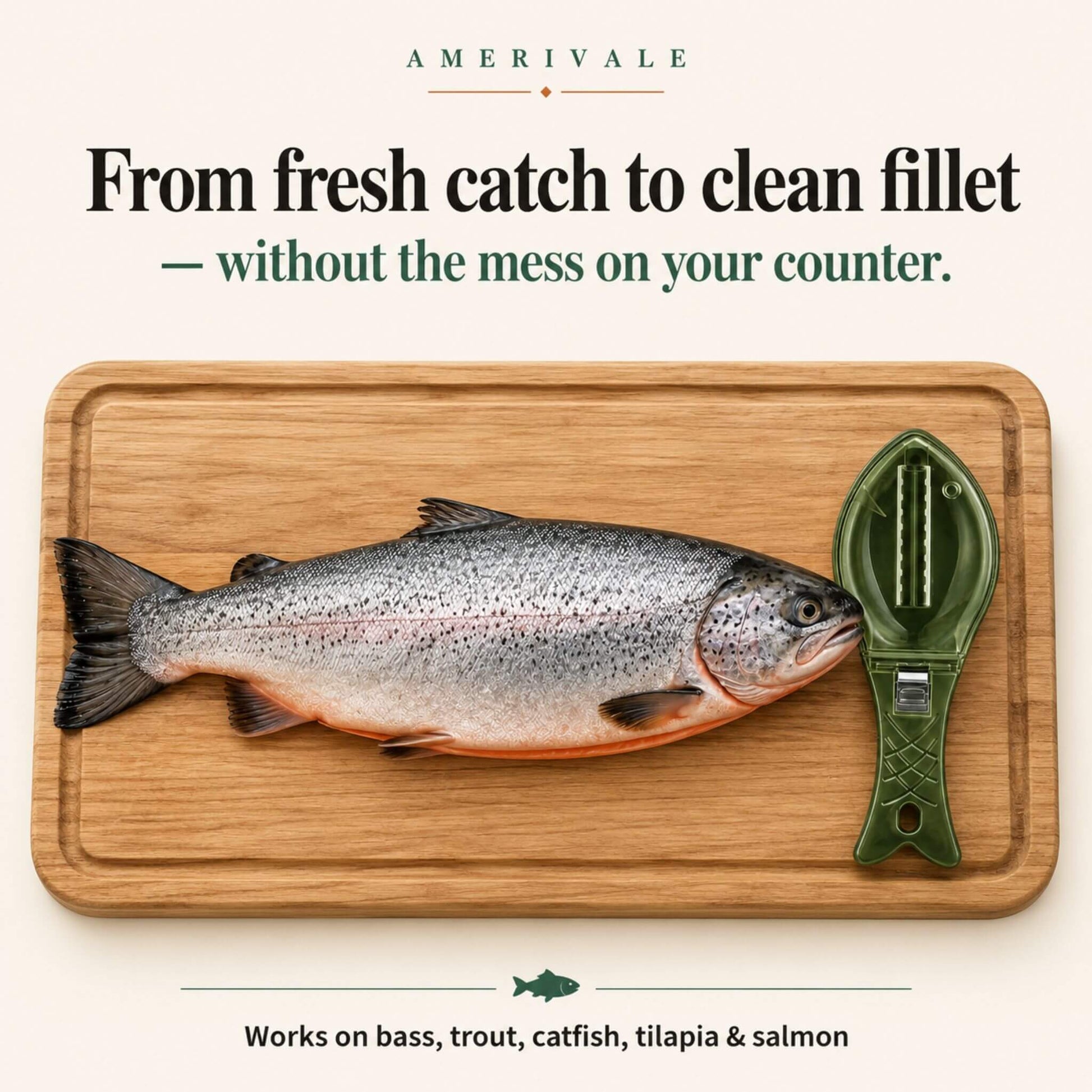 Fresh-caught salmon on a wooden cutting board beside the ScaleSwift Pro fish scaler — from fresh catch to clean fillet without counter mess