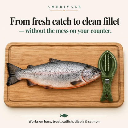 Fresh-caught salmon on a wooden cutting board beside the ScaleSwift Pro fish scaler — from fresh catch to clean fillet without counter mess