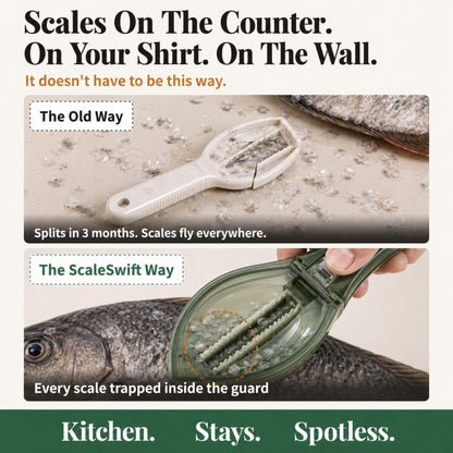 Old way vs ScaleSwift Pro comparison — flat scraper sprays scales across counter and shirt while ScaleSwift Pro ScaleLock Guard catches every scale inside the tool