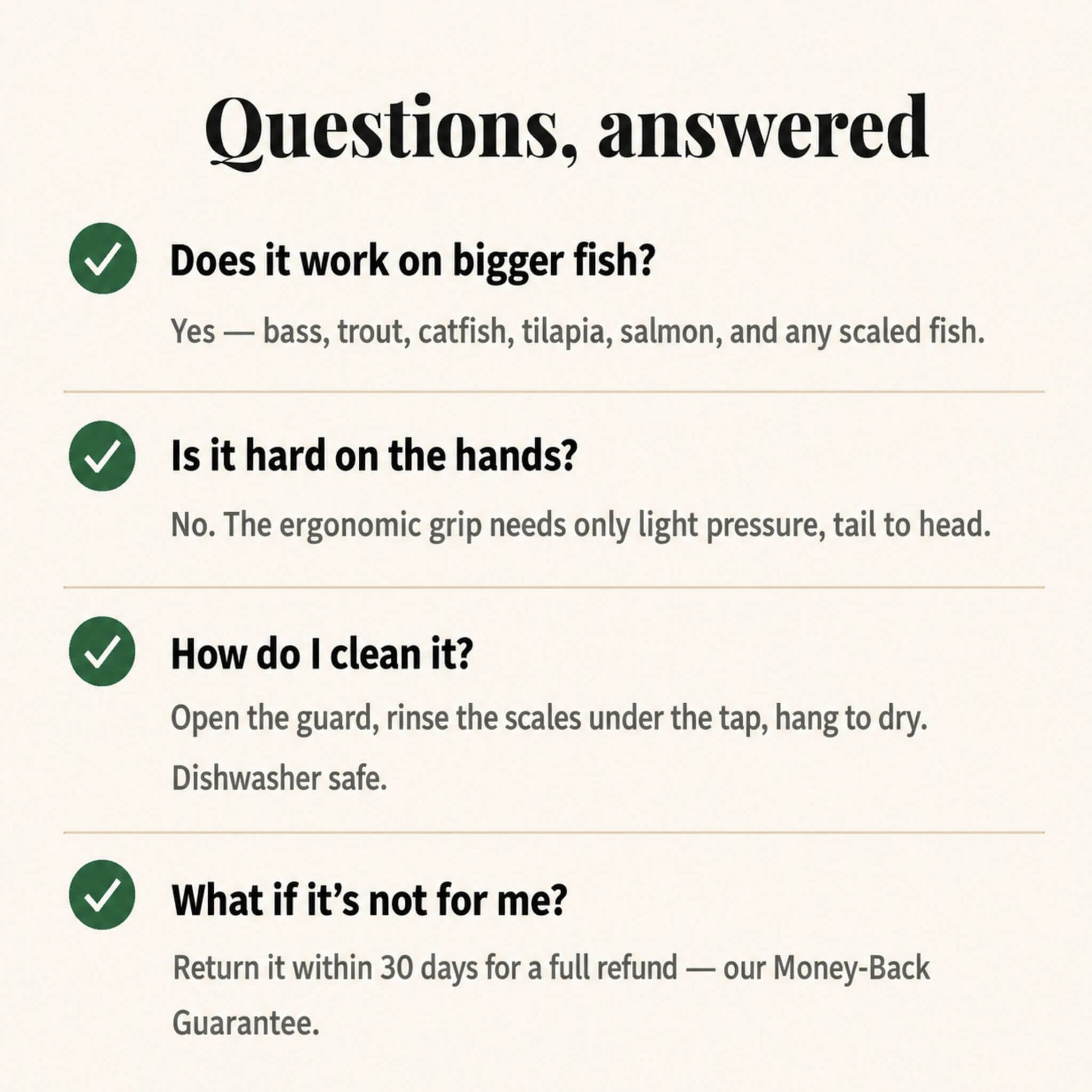 ScaleSwift Pro frequently asked questions — works on bass, trout, catfish, salmon, tilapia, comfortable grip for stiff hands, rinses clean in seconds
