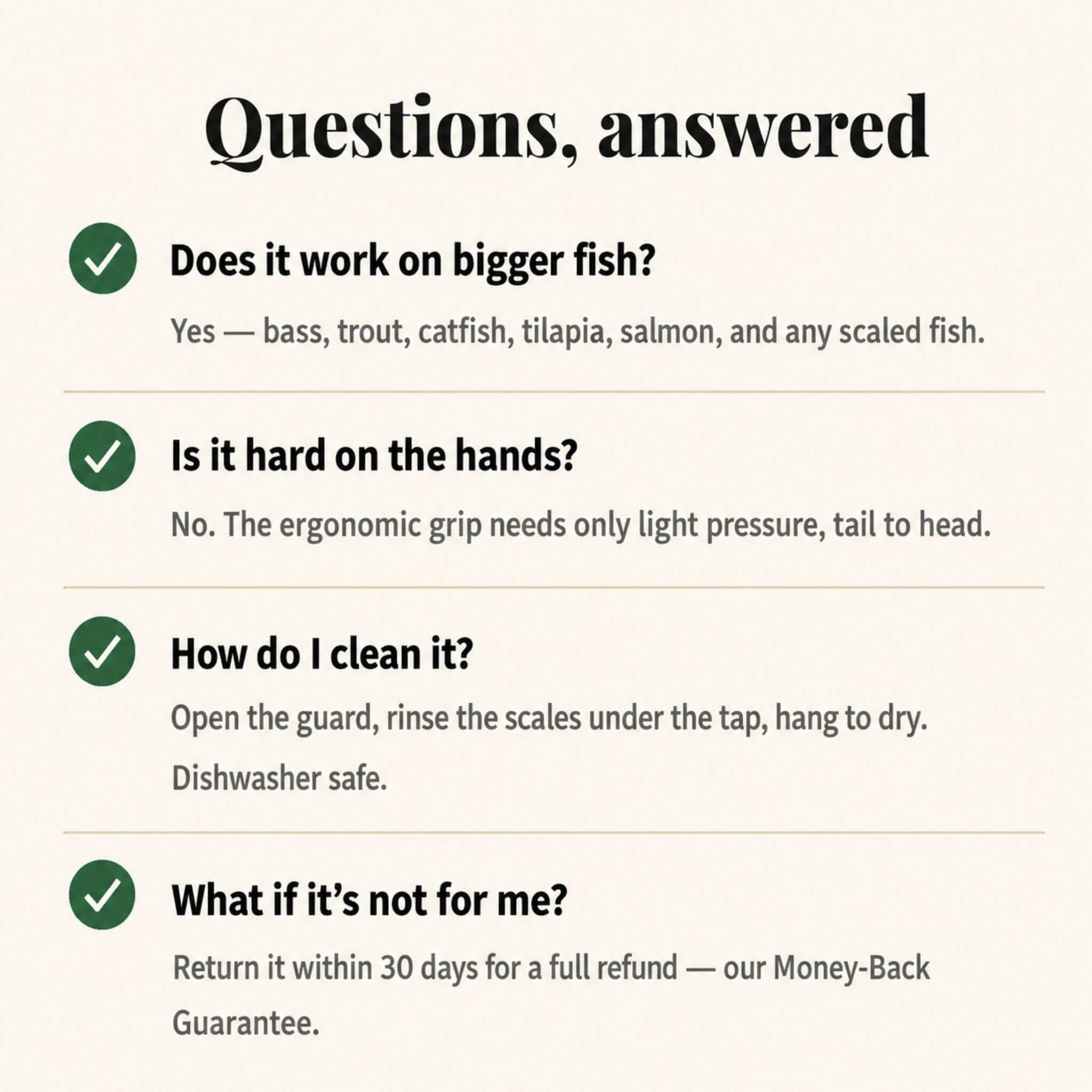 ScaleSwift Pro frequently asked questions — works on bass, trout, catfish, salmon, tilapia, comfortable grip for stiff hands, rinses clean in seconds