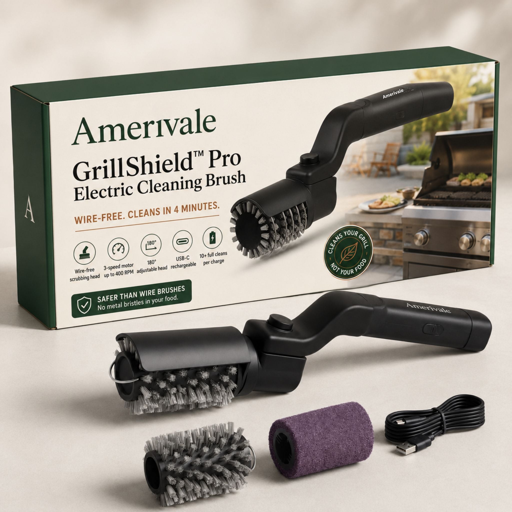 GrillShield Pro electric cleaning brush retail box with brush handle and interchangeable heads