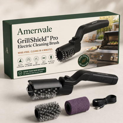 GrillShield Pro electric cleaning brush retail box with brush handle and interchangeable heads