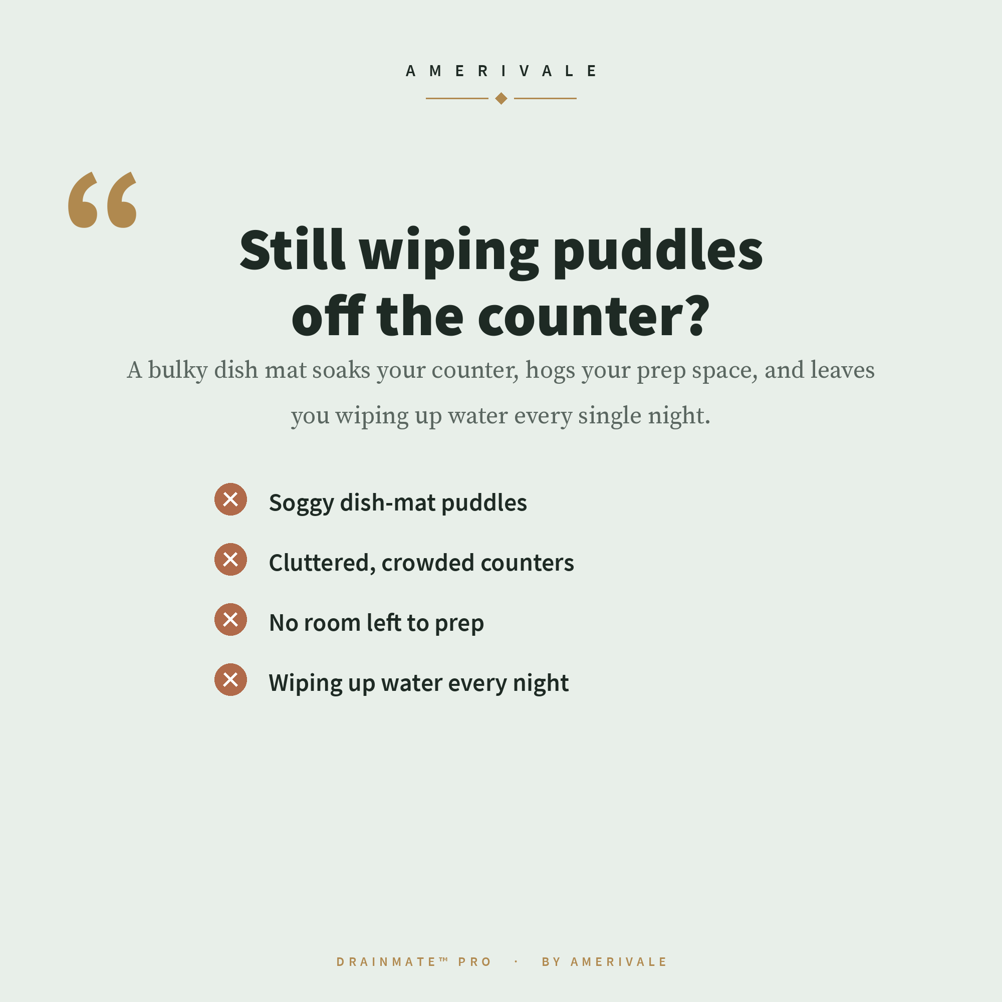 Amerivale DrainMate Pro problem view showing wet dishes and counter puddles beside a kitchen sink