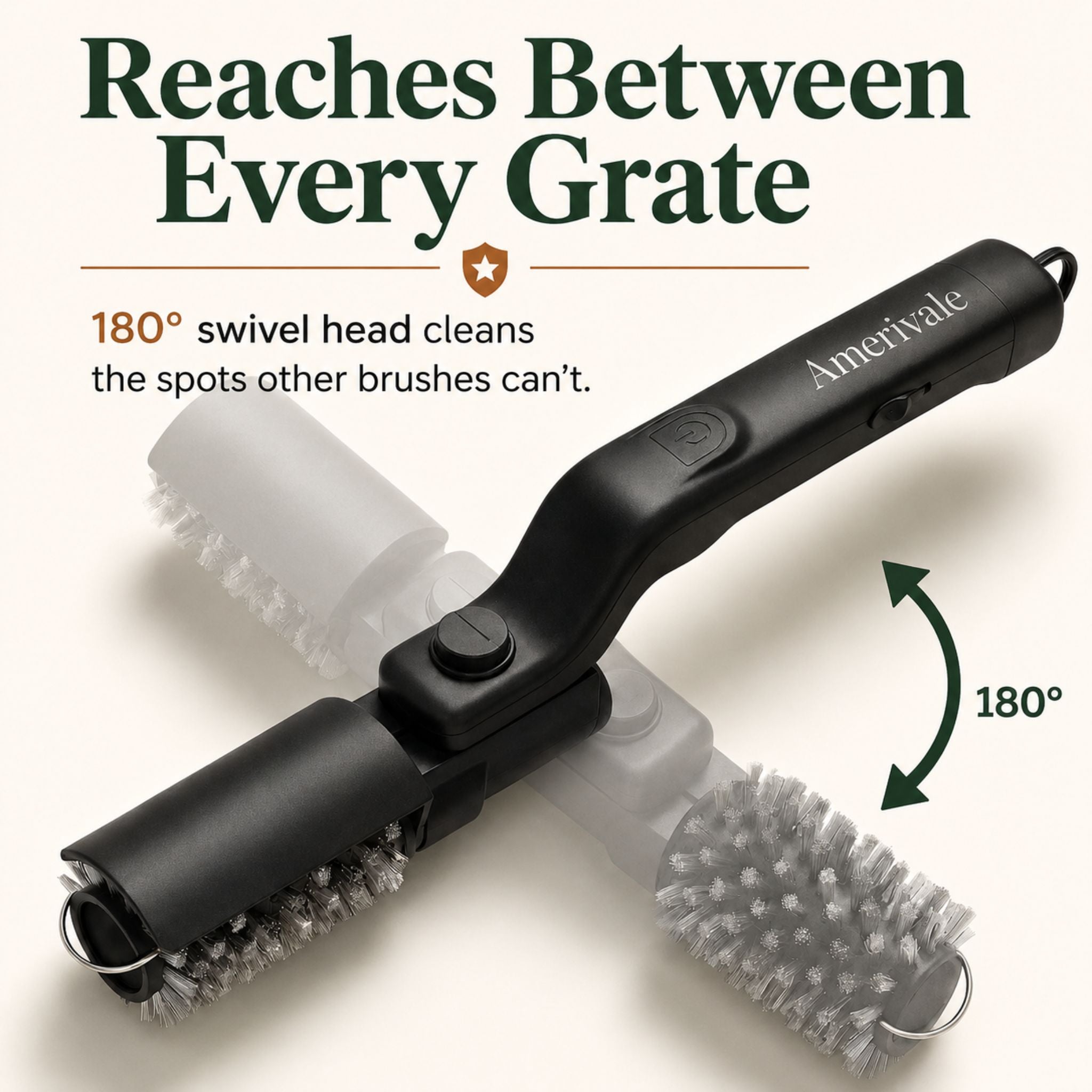 GrillShield Pro 180 degree swivel head reaches between every grill grate
