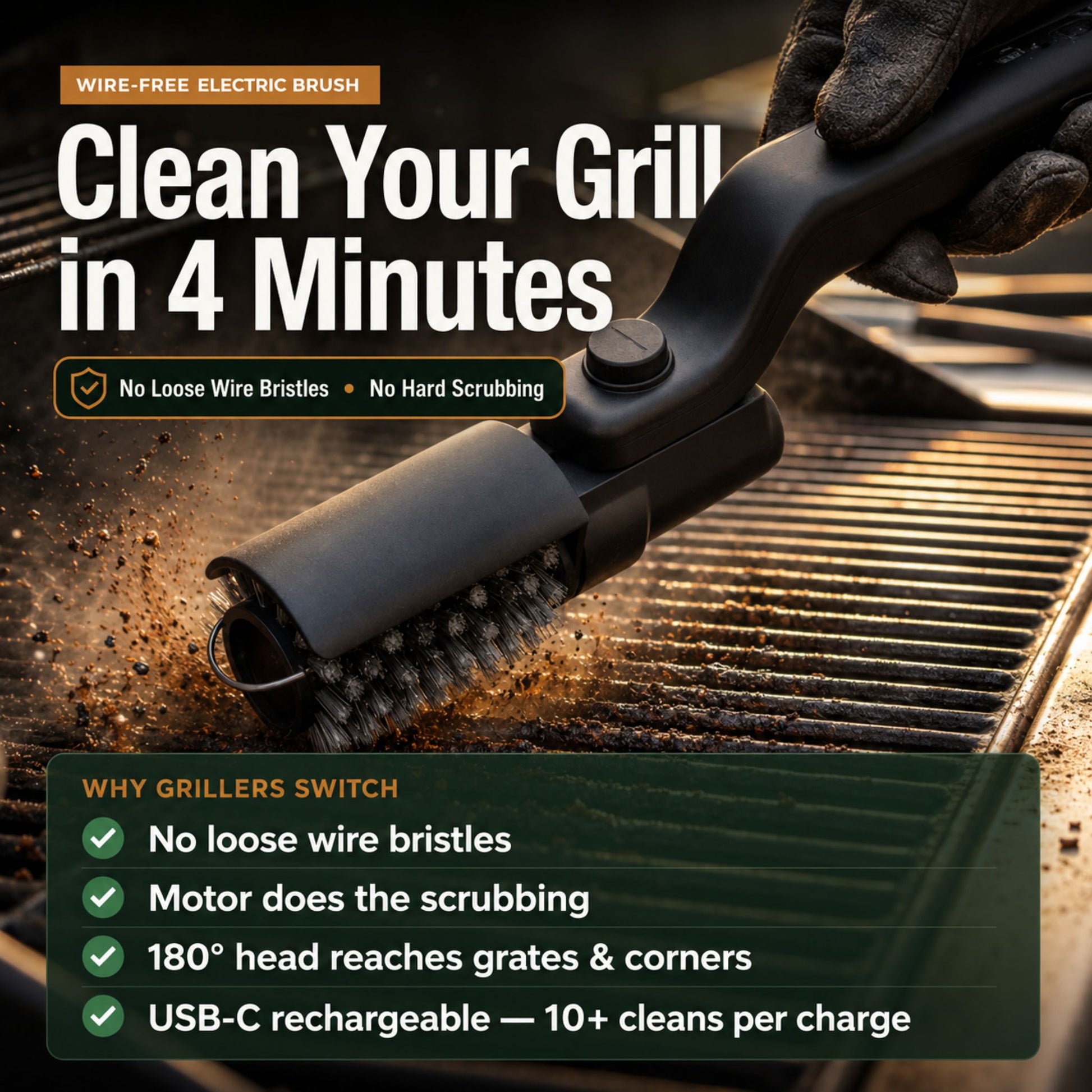 Amerivale GrillShield Pro electric grill brush cleaning a grill grate in about 4 minutes with no loose wire bristles
