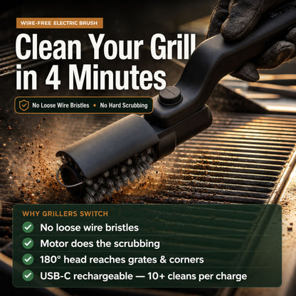 Amerivale GrillShield Pro electric grill brush cleaning a grill grate in about 4 minutes with no loose wire bristles