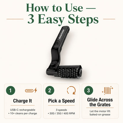 How to use the GrillShield Pro electric grill brush in 3 easy steps: charge, pick a speed, glide across the grates
