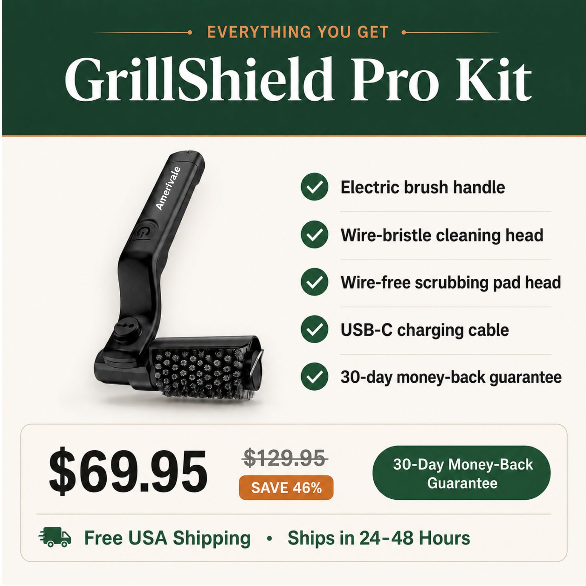 Everything included in the GrillShield Pro kit: electric brush handle, two heads, USB-C cable, $69.95 with 30-day money-back guarantee