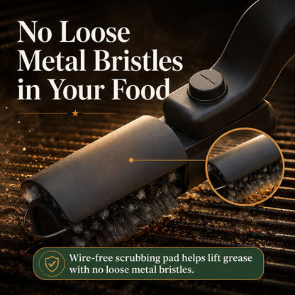GrillShield Pro wire-free scrubbing pad head lifts grease with no loose metal bristles in your food