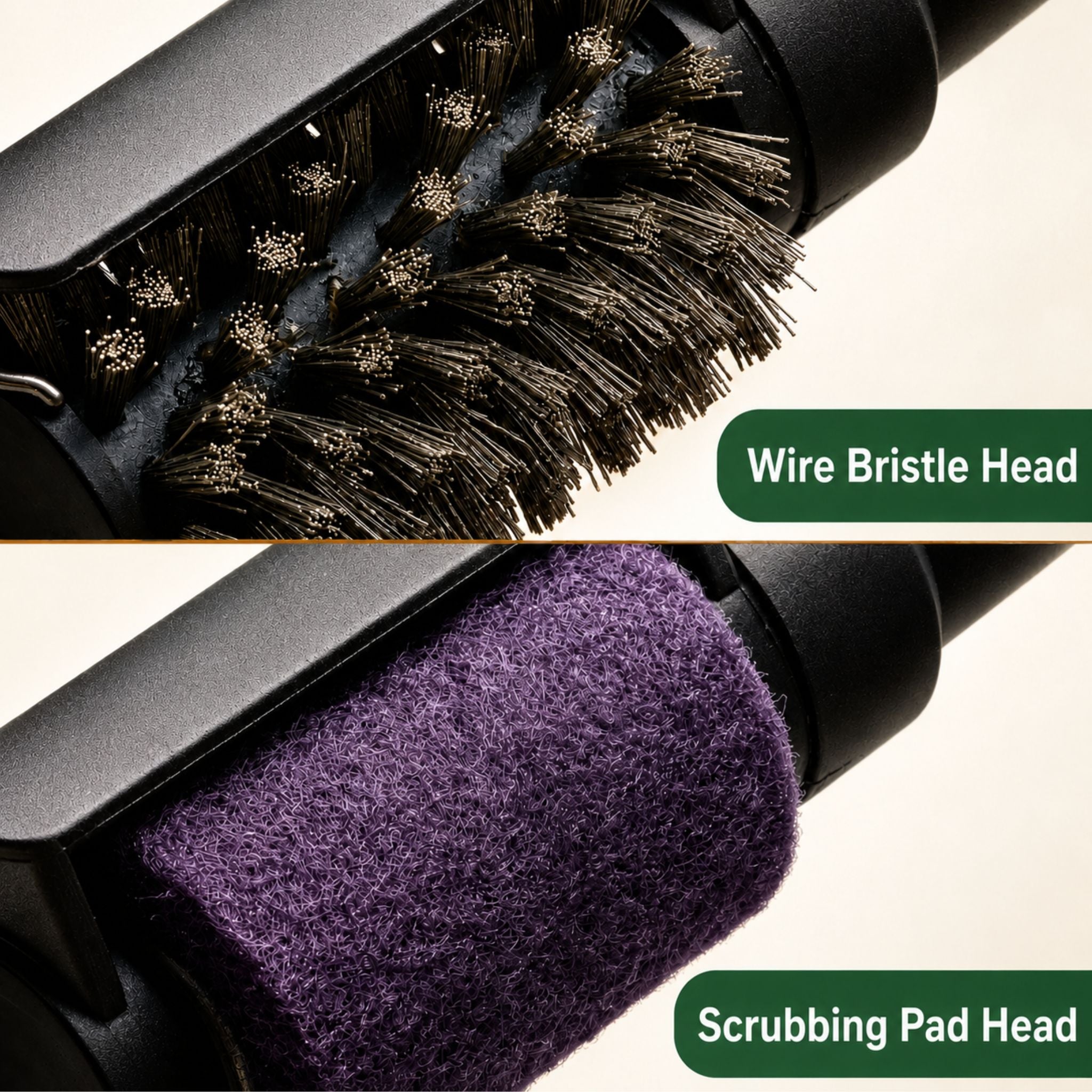 GrillShield Pro two interchangeable heads: wire bristle head for deep cleaning and wire-free scrubbing pad head