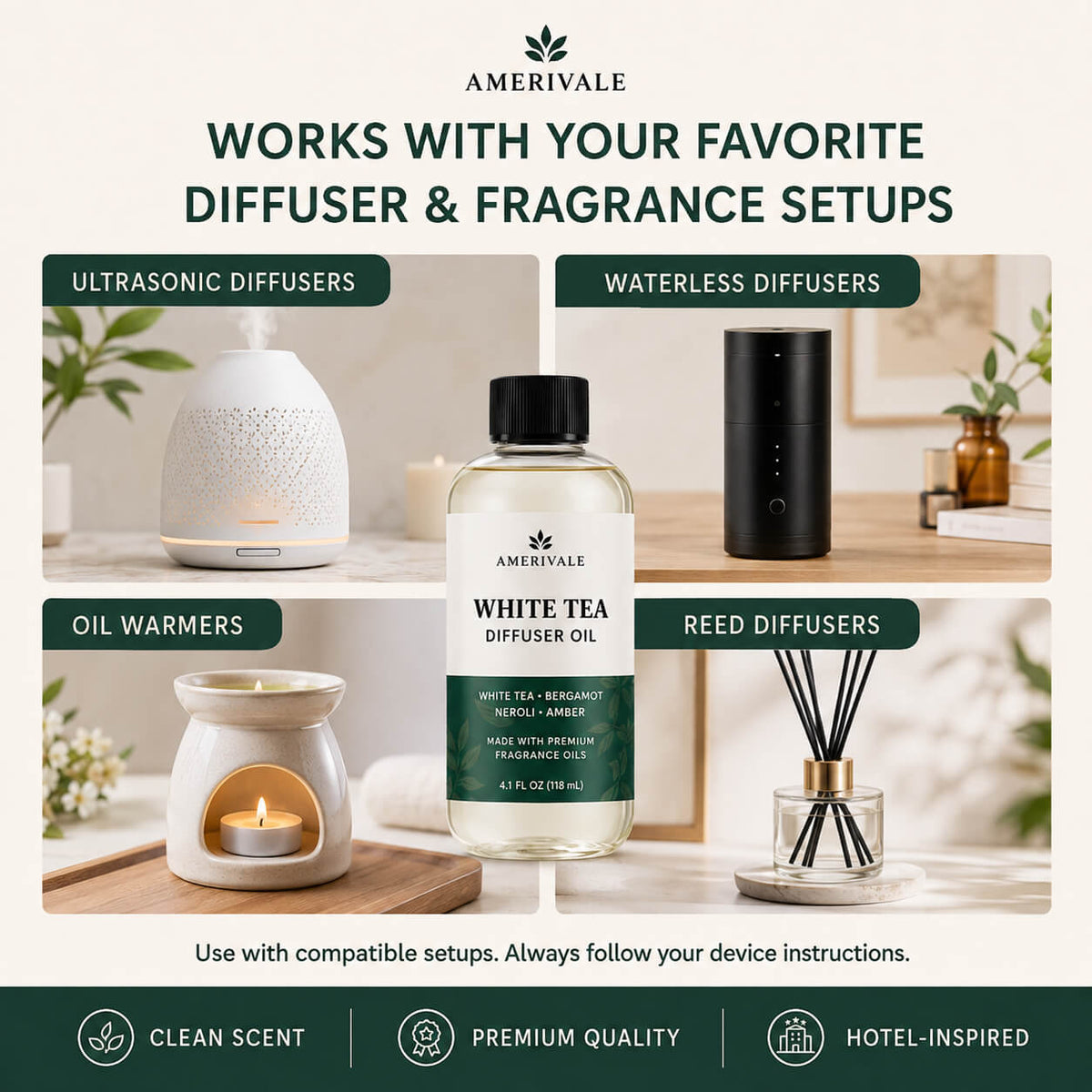 Amerivale White Tea Diffuser Oil compatible with ultrasonic, waterless, oil warmer and reed diffuser setups