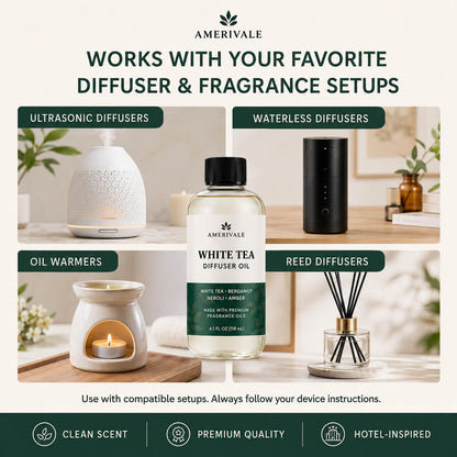 Amerivale White Tea Diffuser Oil compatible with ultrasonic, waterless, oil warmer and reed diffuser setups