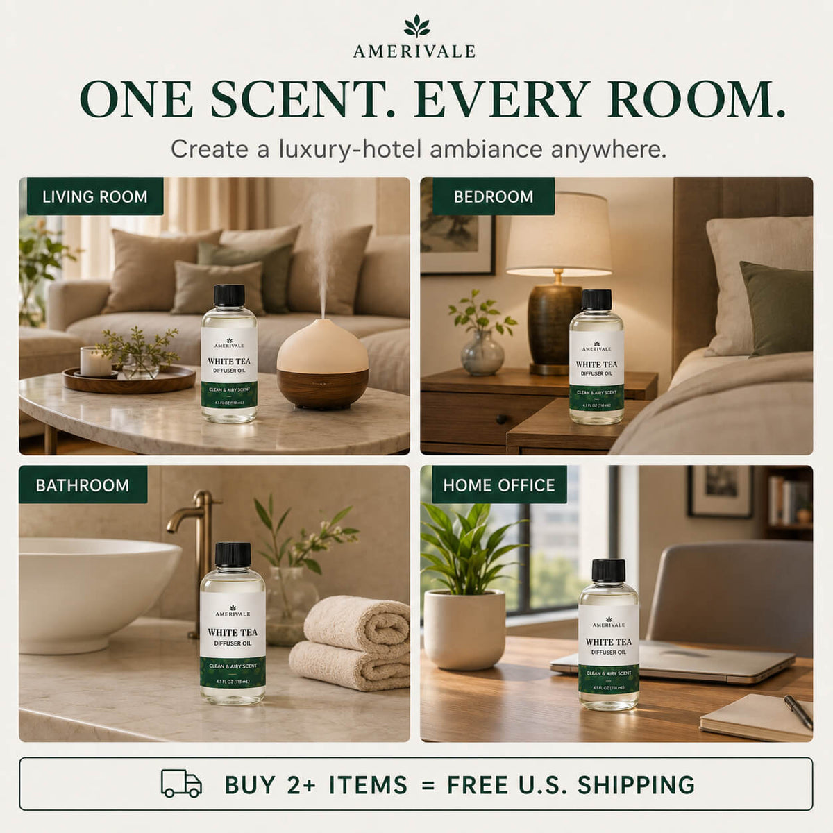 Amerivale White Tea Diffuser Oil shown in living room, bedroom, bathroom and home office settings