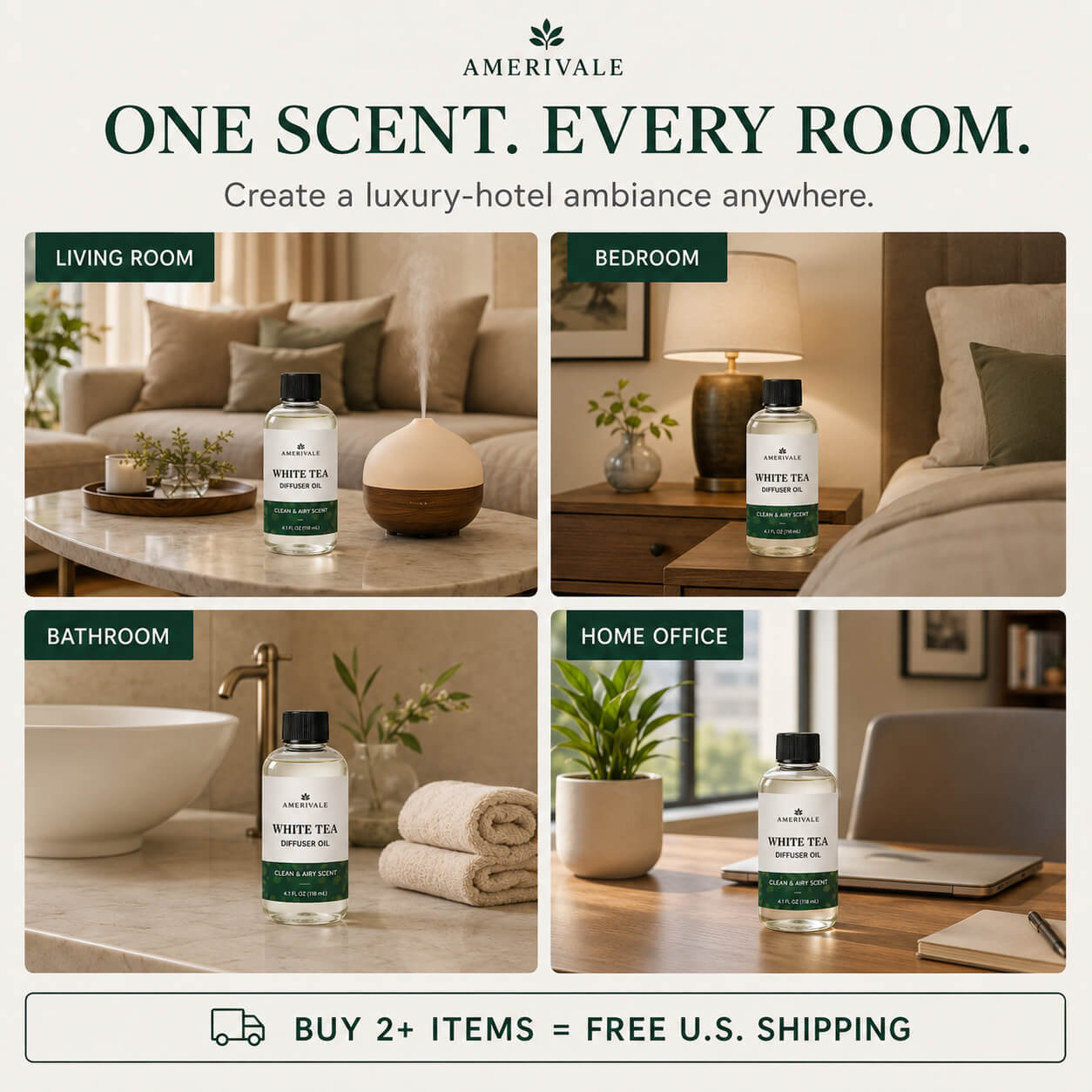 Amerivale White Tea Diffuser Oil shown in living room, bedroom, bathroom and home office settings