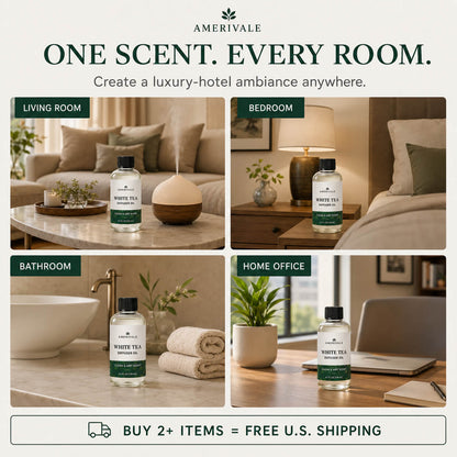 Amerivale White Tea Diffuser Oil shown in living room, bedroom, bathroom and home office settings