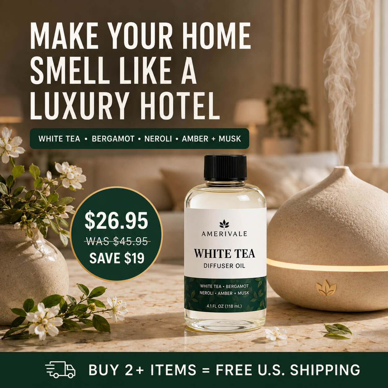 Amerivale White Tea Diffuser Oil beside a diffuser with luxury hotel-inspired home fragrance offer