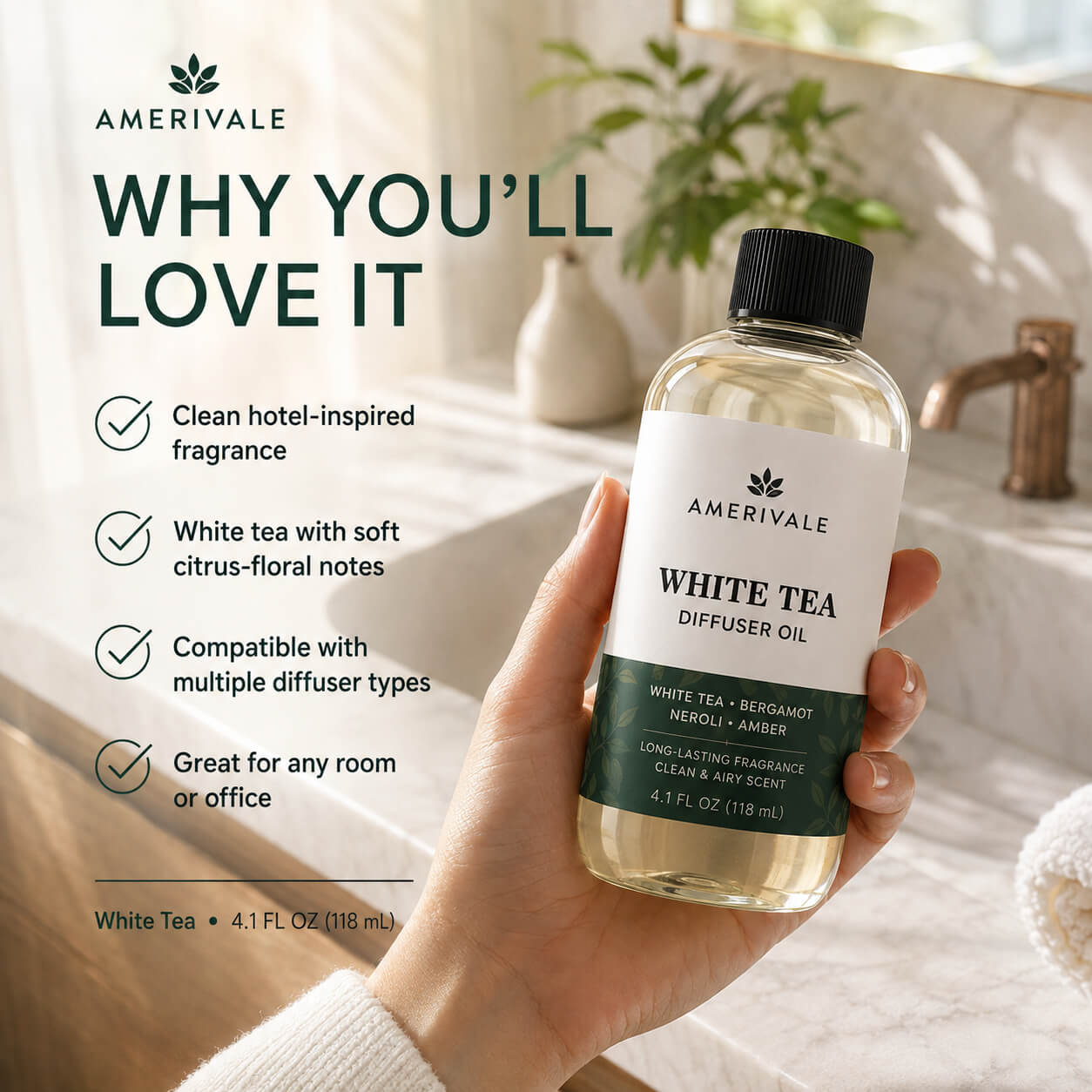 Hand holding Amerivale White Tea Diffuser Oil for a clean hotel-inspired home fragrance