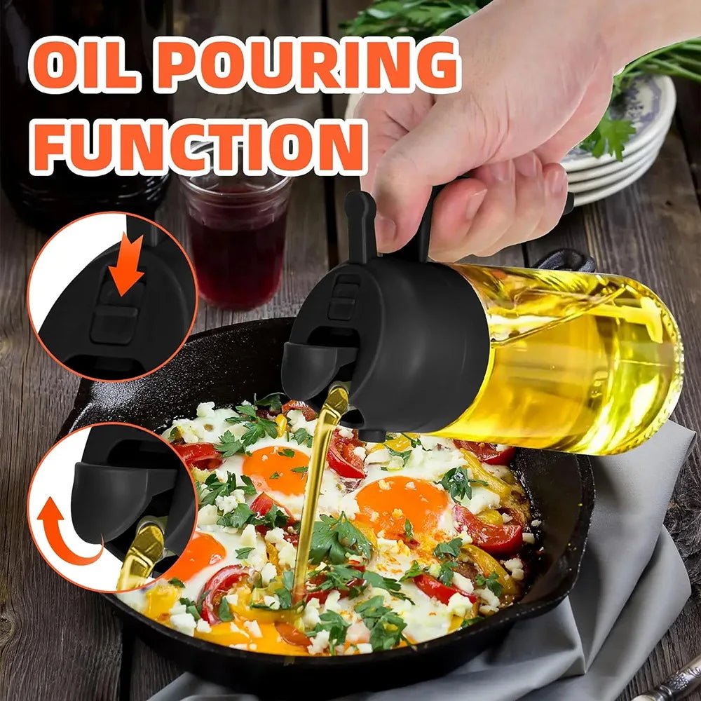 DripLock oil dispenser spraying olive oil on salad for healthy portion-controlled dressing