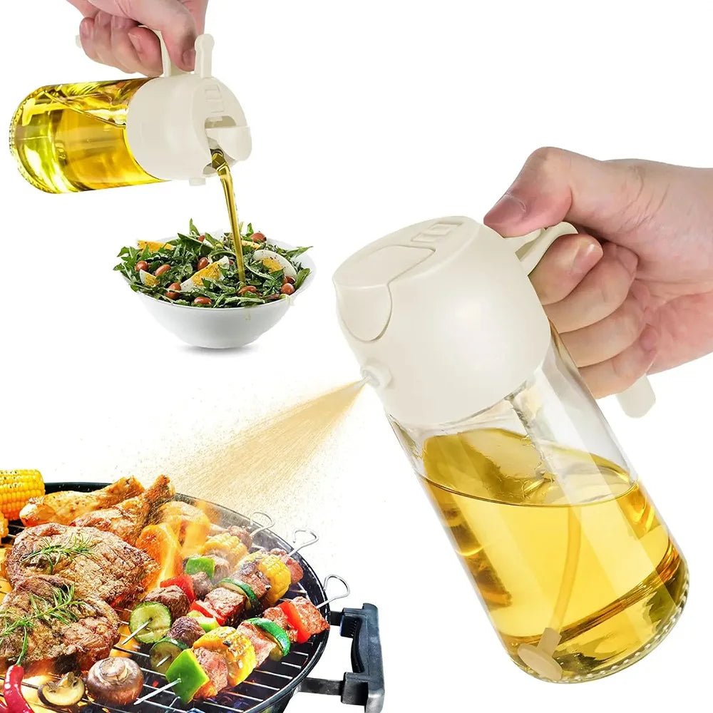 DripLock oil sprayer on kitchen counter next to air fryer and cooking ingredients